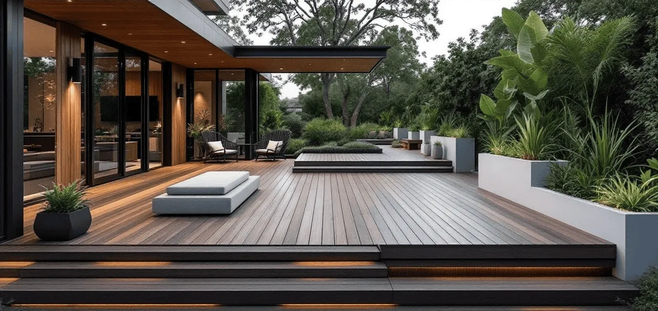 Timber deck with outdoor lounge and garden, outdoor living ideas for Epping homes