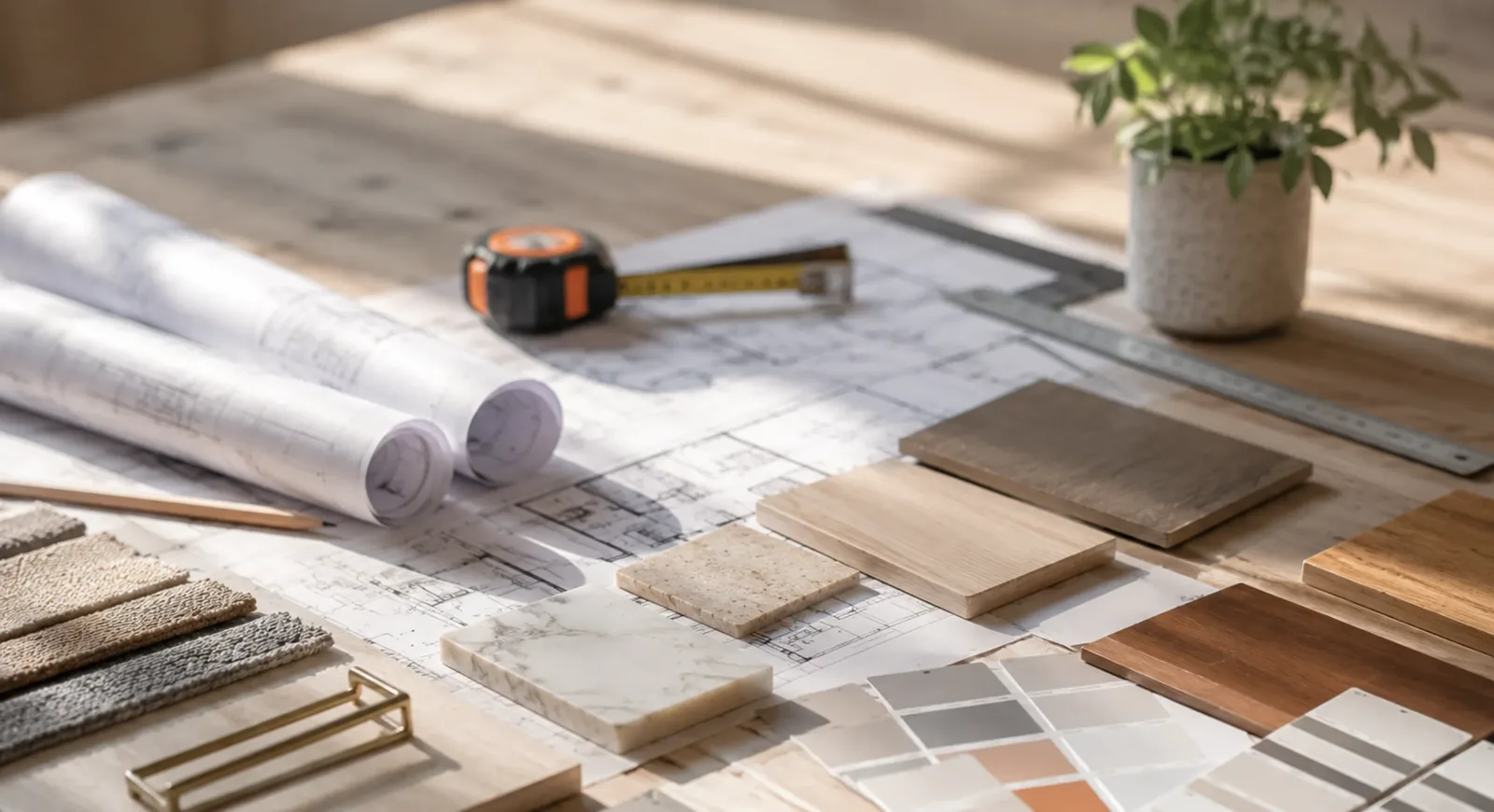 Renovation plans with flooring and finish samples, home renovations Epping