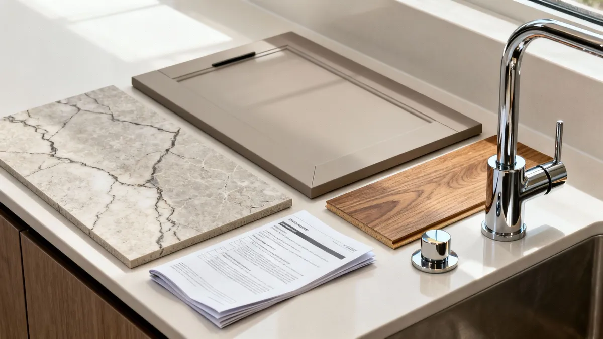 Benchtop, tile and timber samples for a laundry renovation in Deepdene