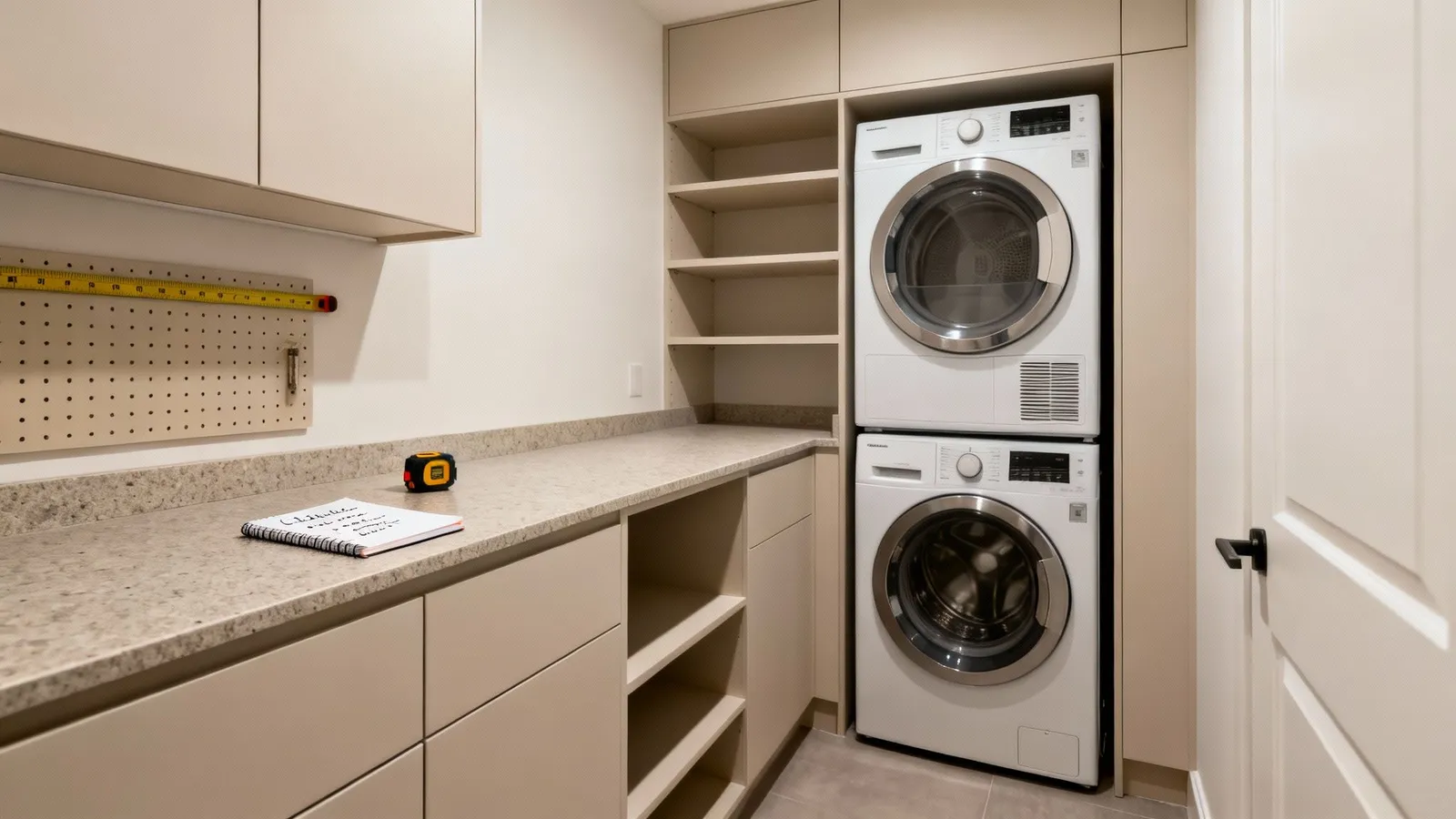 Laundry with stacked washer and dryer, cabinetry and open storage, laundry renovation ideas for Deepdene homes