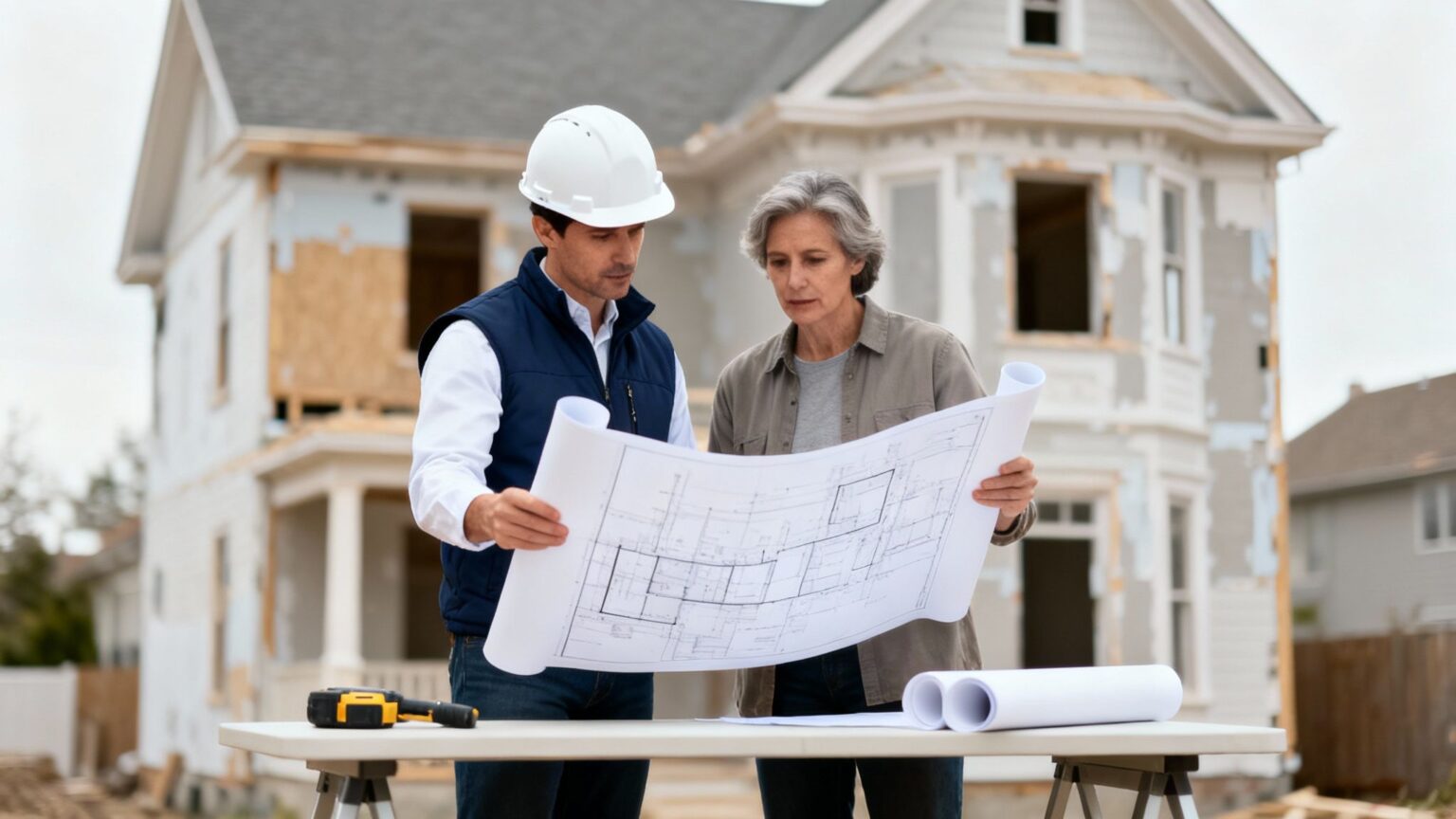 A building surveyor and a client reviewing building plans at a construction site with a house under renovation.