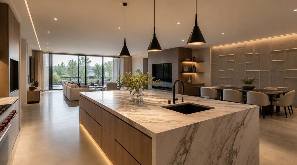 A lot of open plan kitchen living looks resolved on the plan and still feel wrong once people move in. Dinner prep is bright enough to work, but the sofa end feels flat.