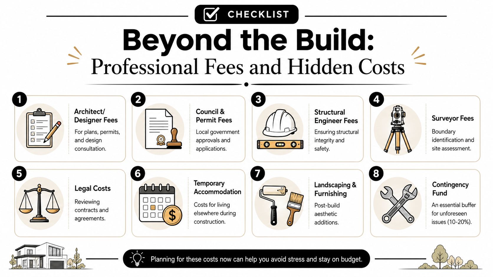 A checklist infographic detailing various hidden professional fees and costs associated with house construction projects.