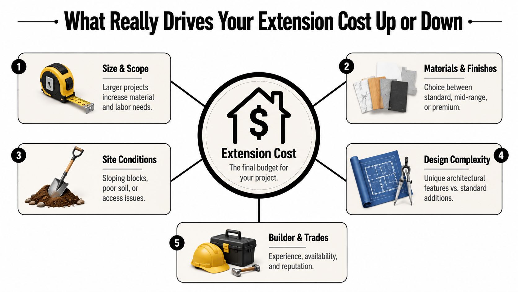 An infographic illustrating five key factors that influence the overall cost of a house extension project.